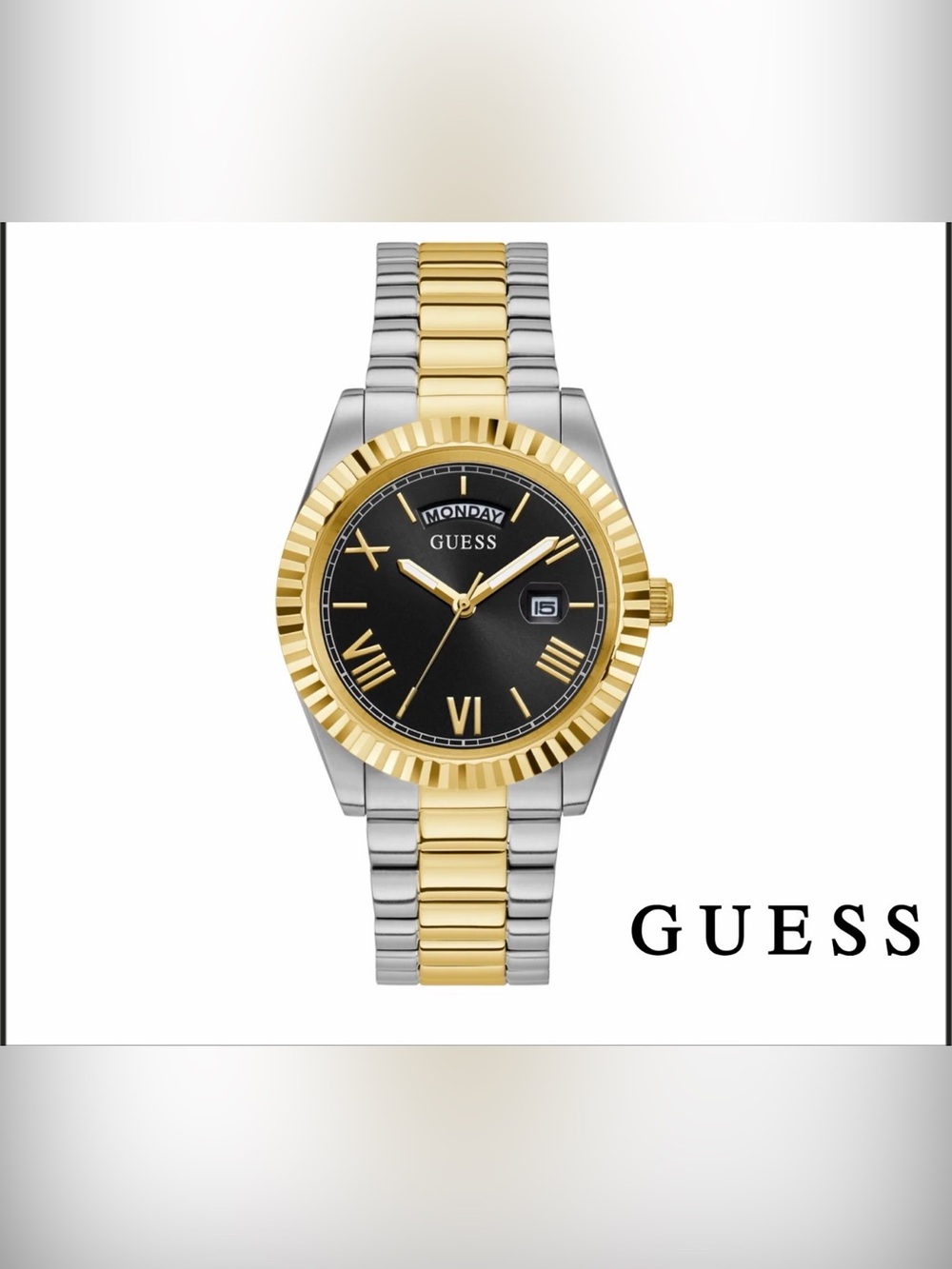 GUESS Gold & Silver Bracelet Black Dial Day-Date Watch